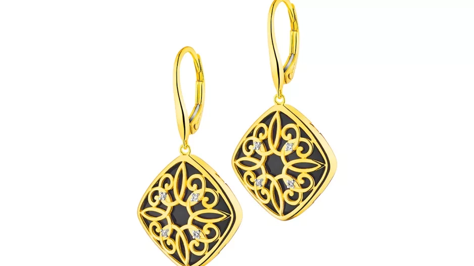 Zlaté náušnice s diamanty a onyxy Zlaté náušnice s diamanty a onyxy